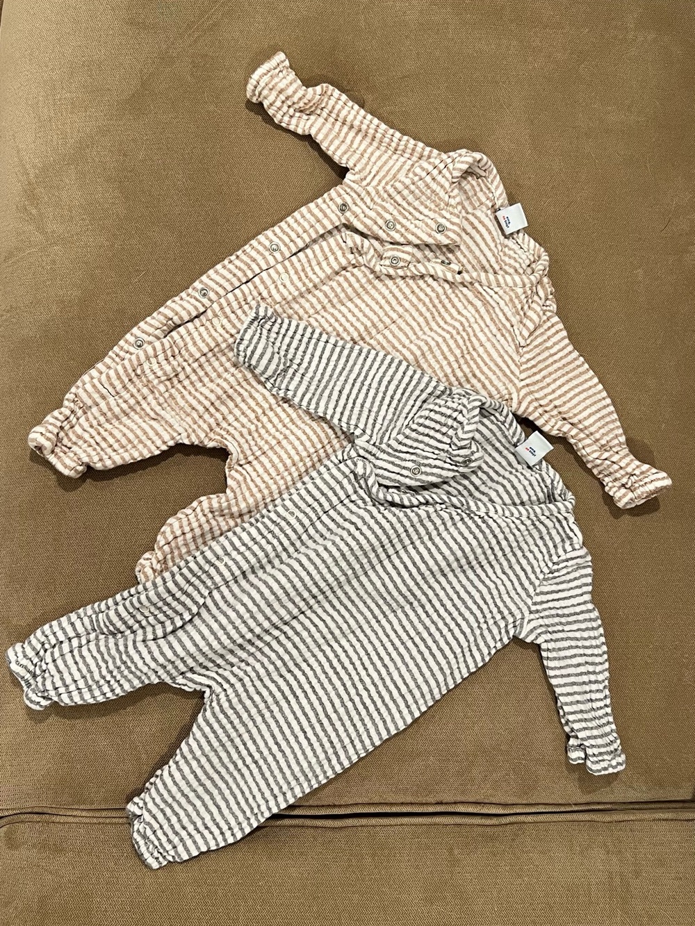 Old Navy Striped Baby Rompers in Beige and Gray - 2 Pack